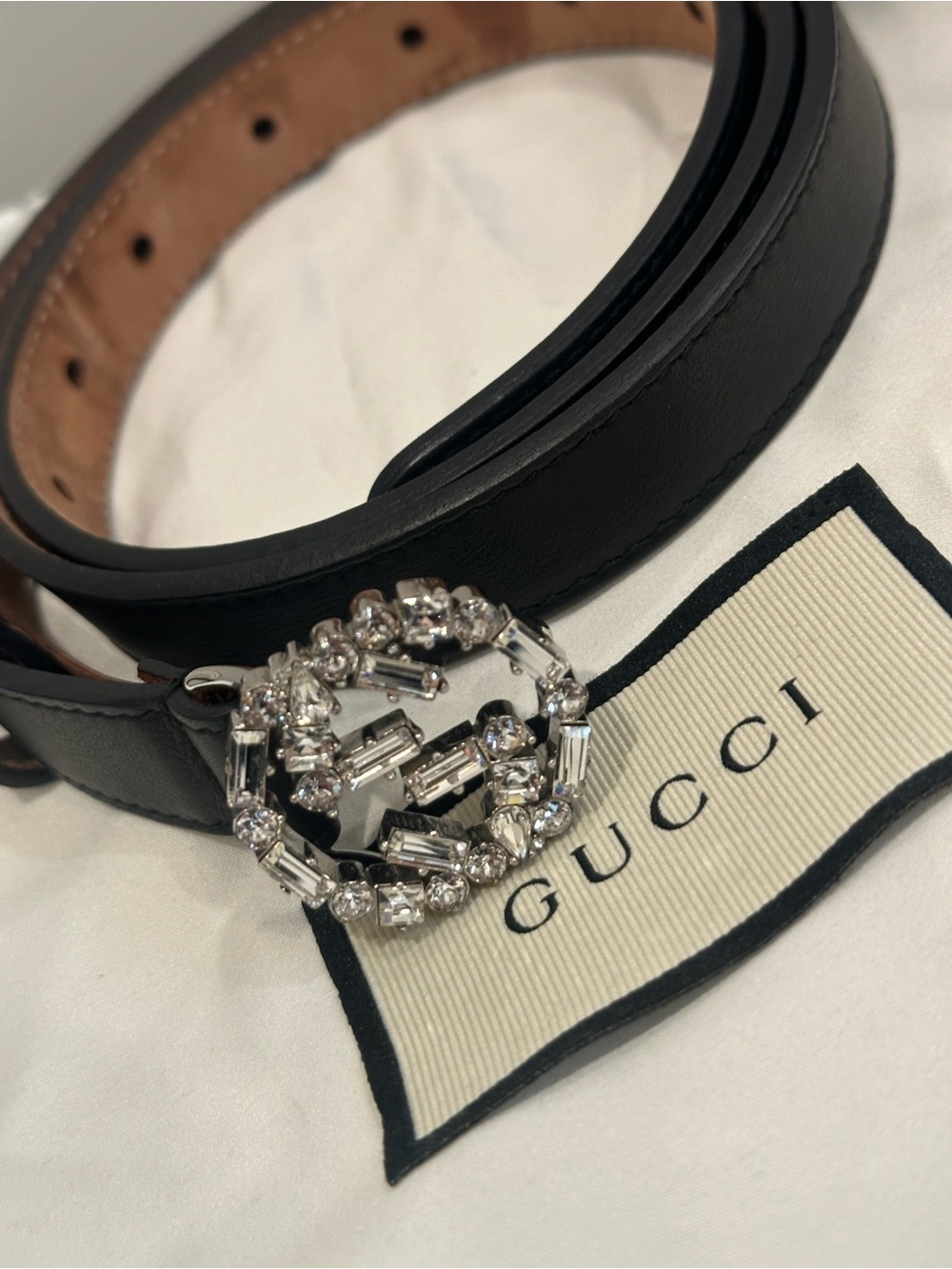 Gucci Black Leather Belt with Crystal Double G Buckle